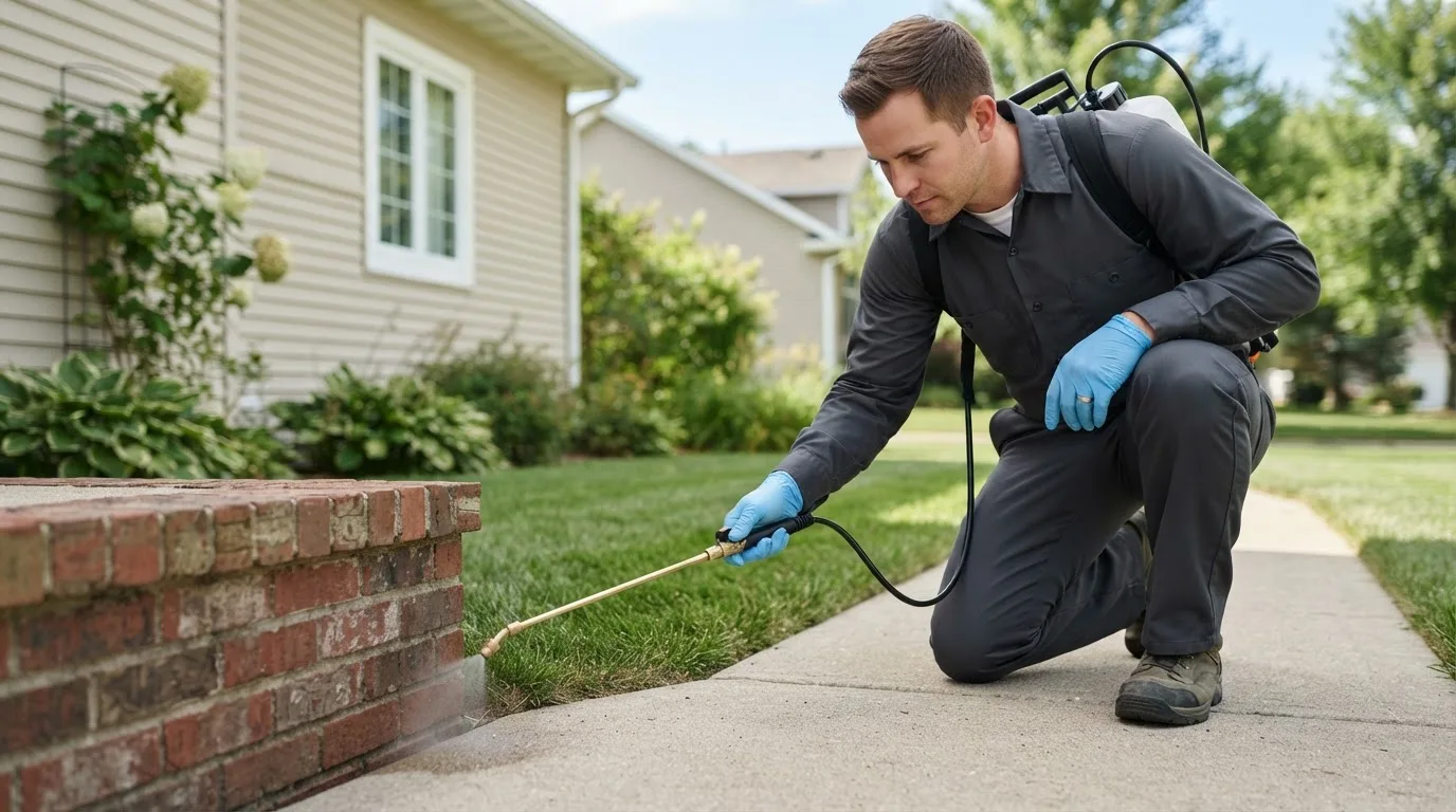 Pest control technician treating a home near Camden, IN