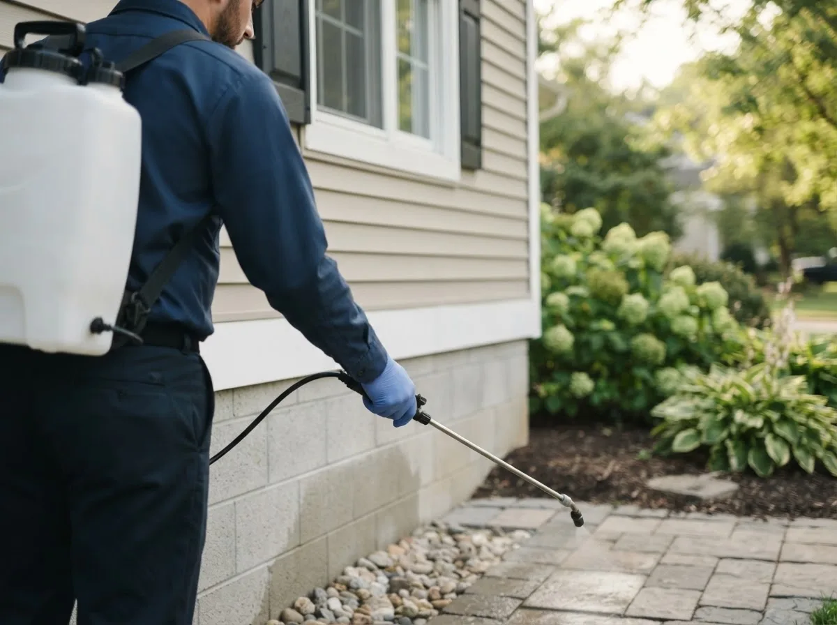 Pest control technician inspecting a home in Camden, IN